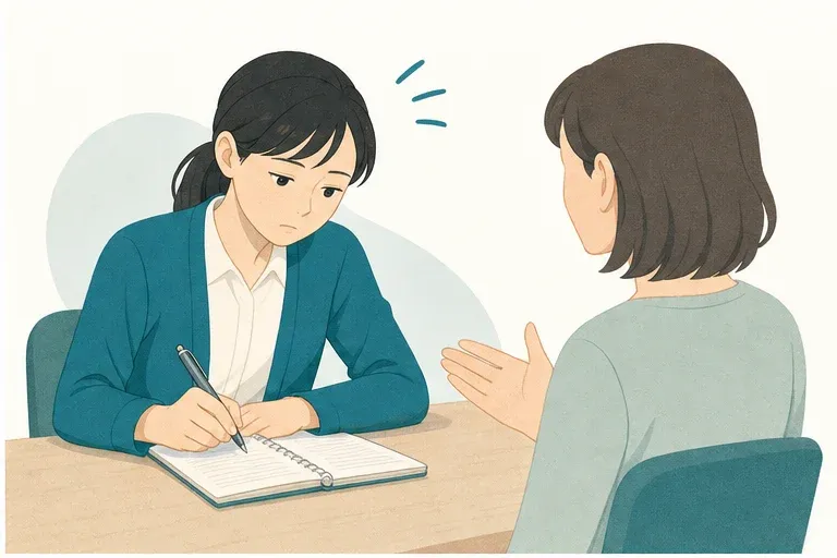 面談が続いて、書く時間が取れない——相談支援専門員の困りごとを表したイラスト