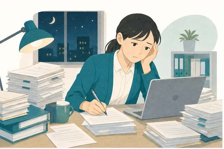記録は、いつも夜になってから——相談支援専門員の困りごとを表したイラスト